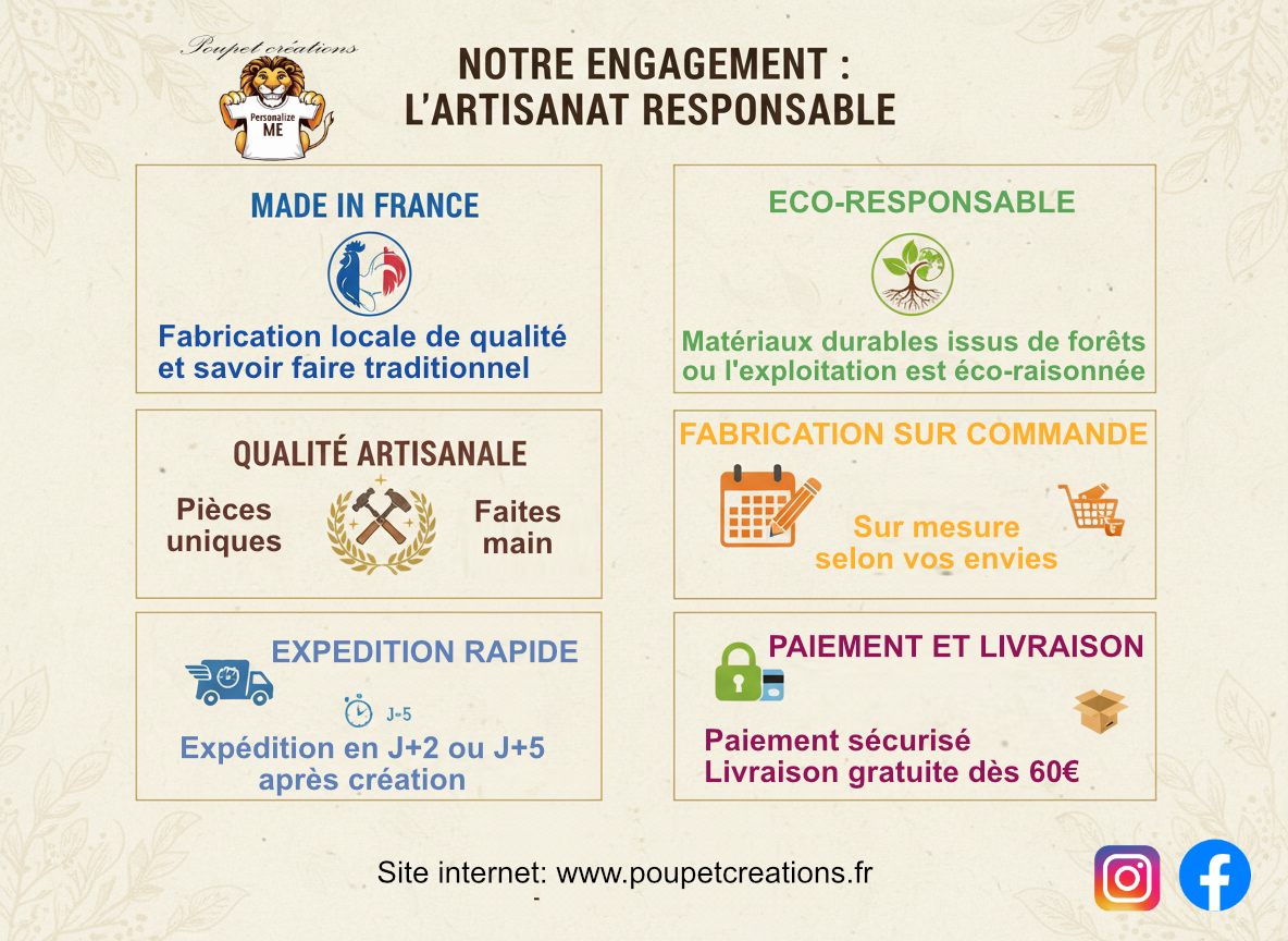 Texte présentant des engagements éco-responsables de Poupet Creations