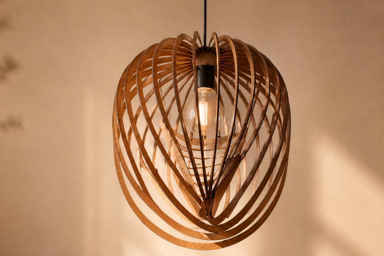 Luminaire en bois de chez Poupet Creations