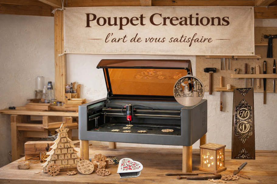 Atelier de création avec une machine à gravure et des objets artisanaux en bois réalisés par Poupet Creations